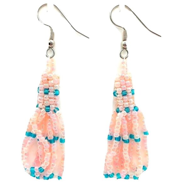 Handmade Jewelry - Dangle Drop Beaded Tassel Earrings Handmade Jewelry Pink Blue